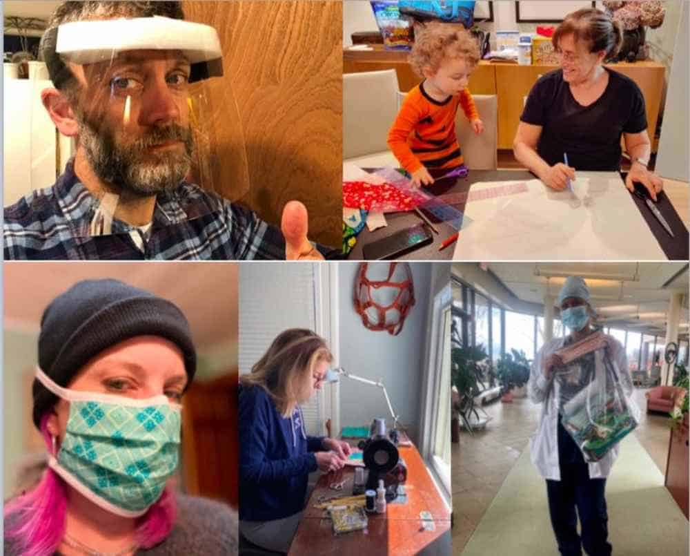 Compilation picture of theater staff making, modeling & donating masks
