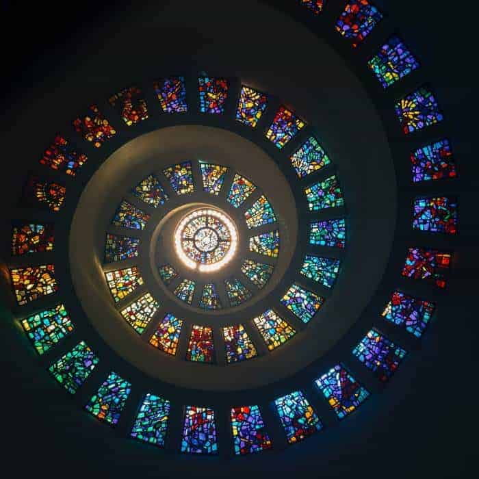 Spiral of stained glass windows in a dome