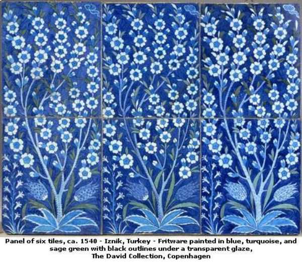 Six 16th century Turkish glazed blue tiles decorated with flower motifs in white, green and turquoise