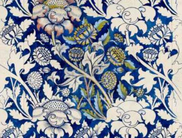 Detail of a floral design by William Morris in blue, green, white and turquoise
