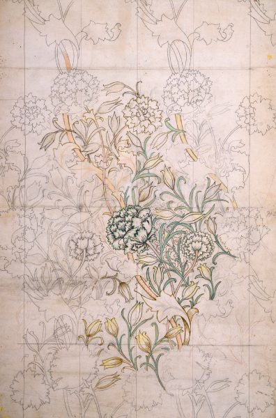 Drawing for wild tulip design by William Morris, in yellow, brown and teal on beige paper