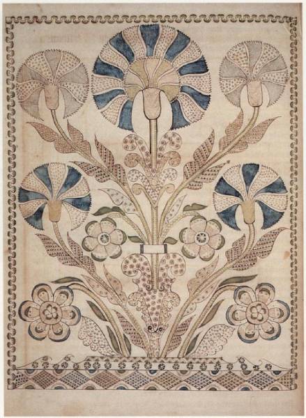Persian floral decoration in green, brown and teal on ancient beige tile