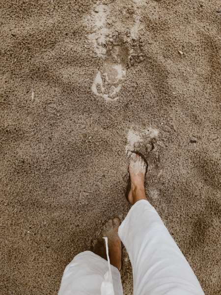 view from above of woman's bare feet walking in wet sand