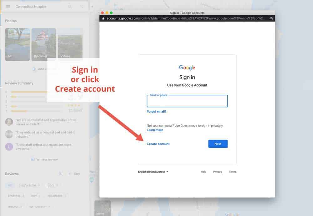 Google Review screenshot Sign in or Click Create account