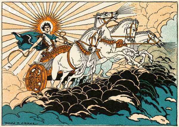 print of Helios riding a chariot pulled by four white horses
