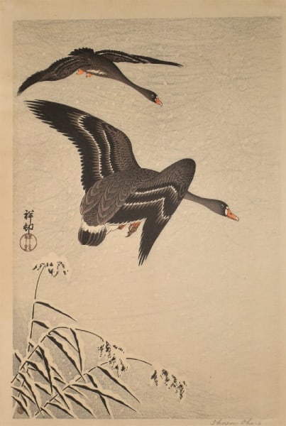 asian print of two geese flying over snowy reeds