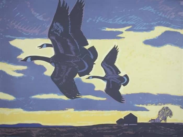 linocut of flying geese against yellow and purple winter sky