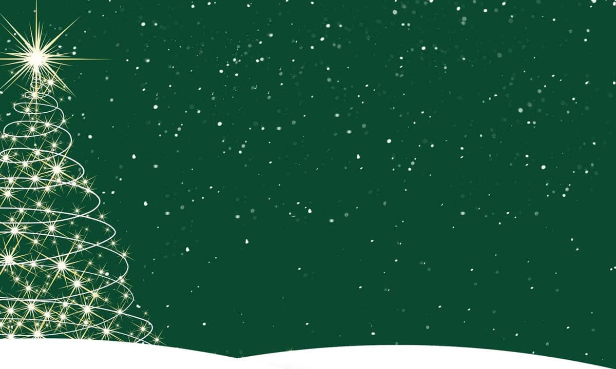 Background graphic of a Christmas Tree at night in the snow