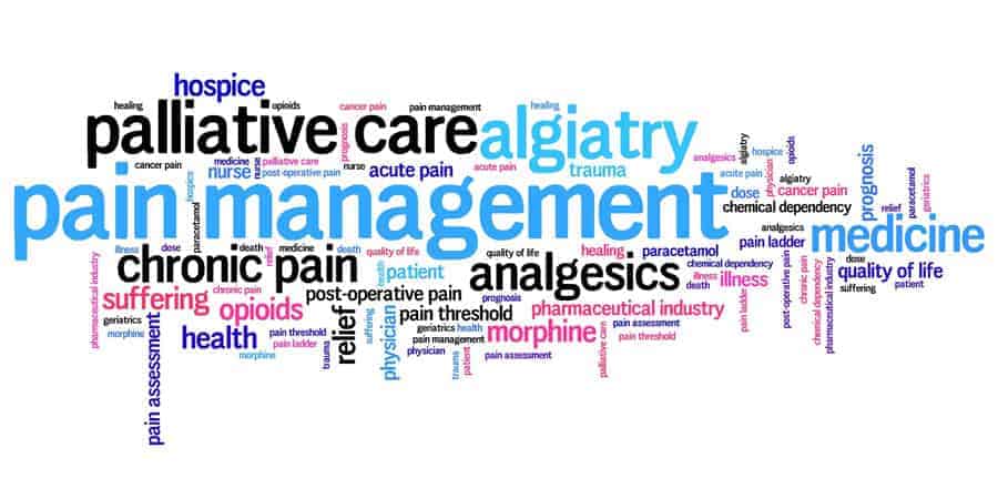 Pain management and palliative care issues and concepts word cloud illustration. Word collage concept.