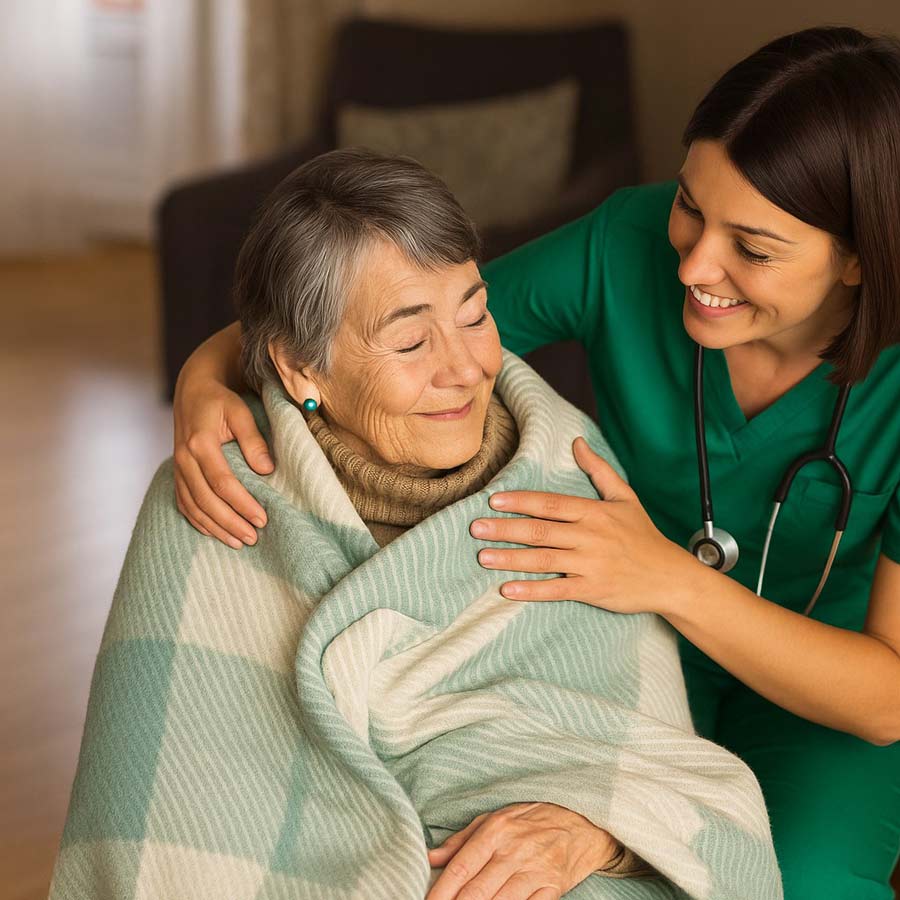 nurse wrapping blanket around sitting female patient