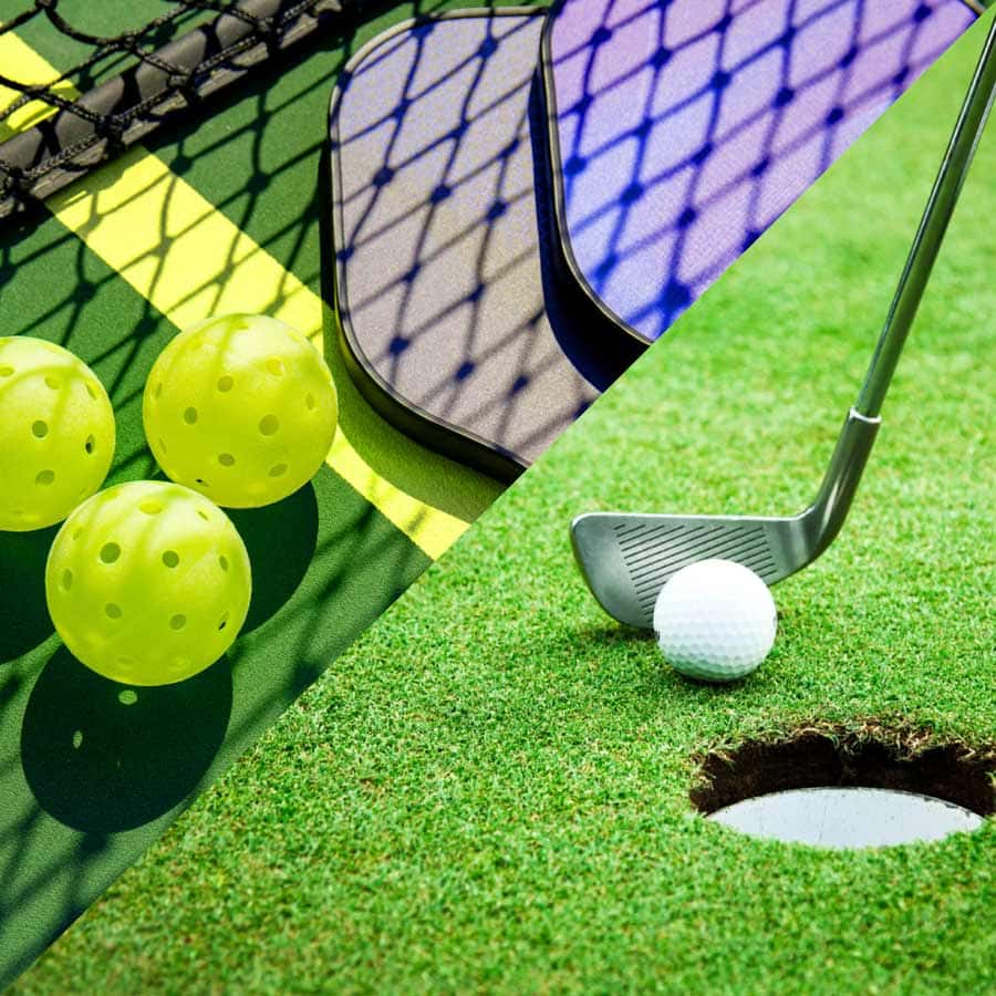 and image with racquet and balls on a Pickle Ball court on the ledt and a golf club and hole on the right