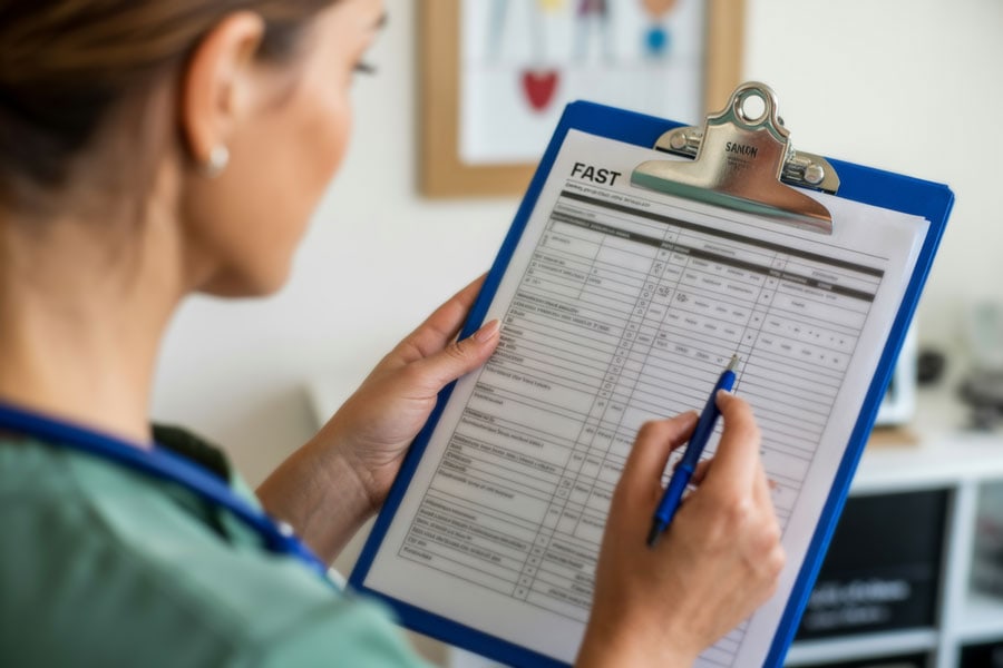 closeup of a nurse filling out FAST score report