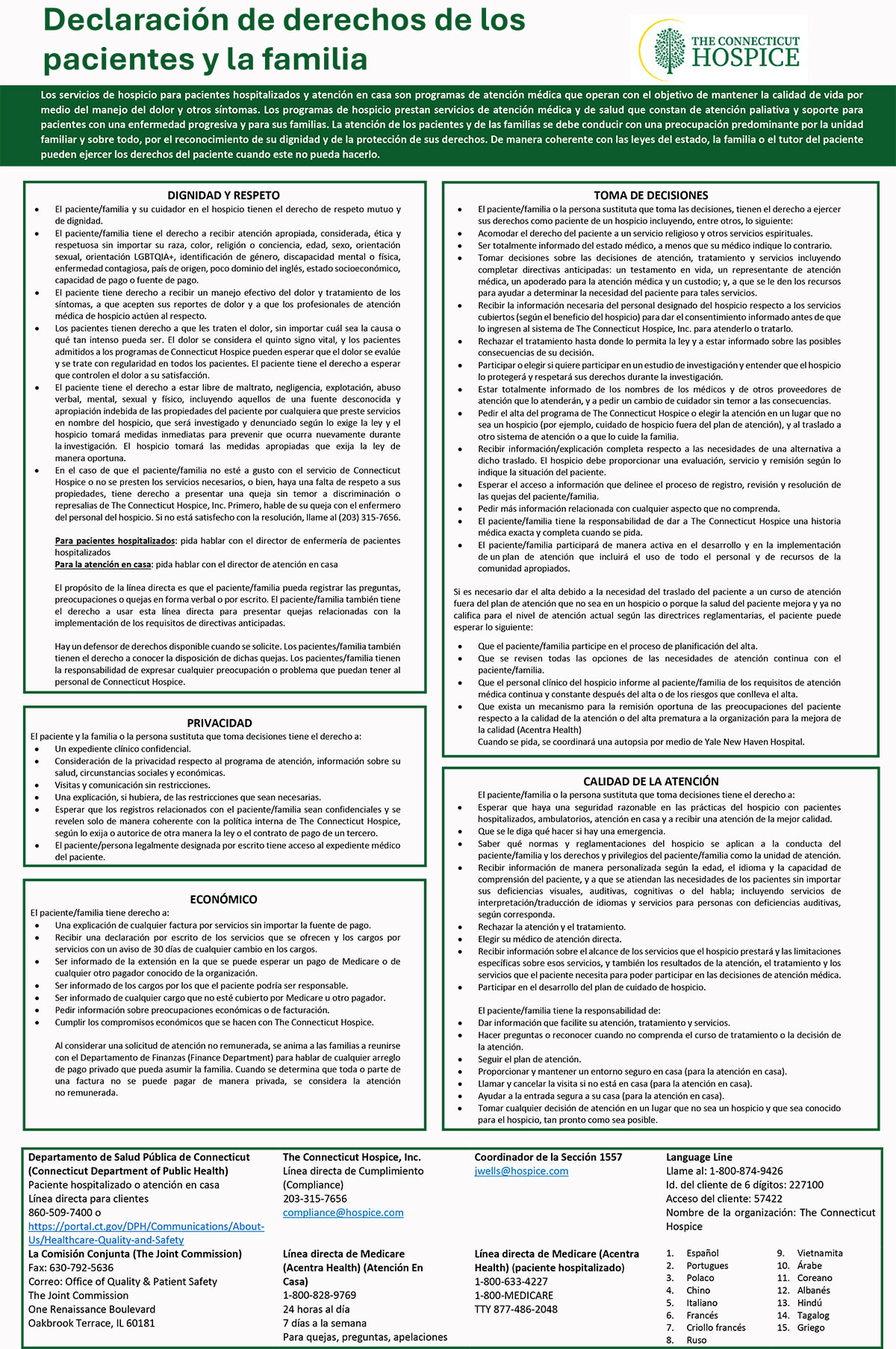 The Connecticut Hospice Patient & Family Bill of Rights (Spanish)